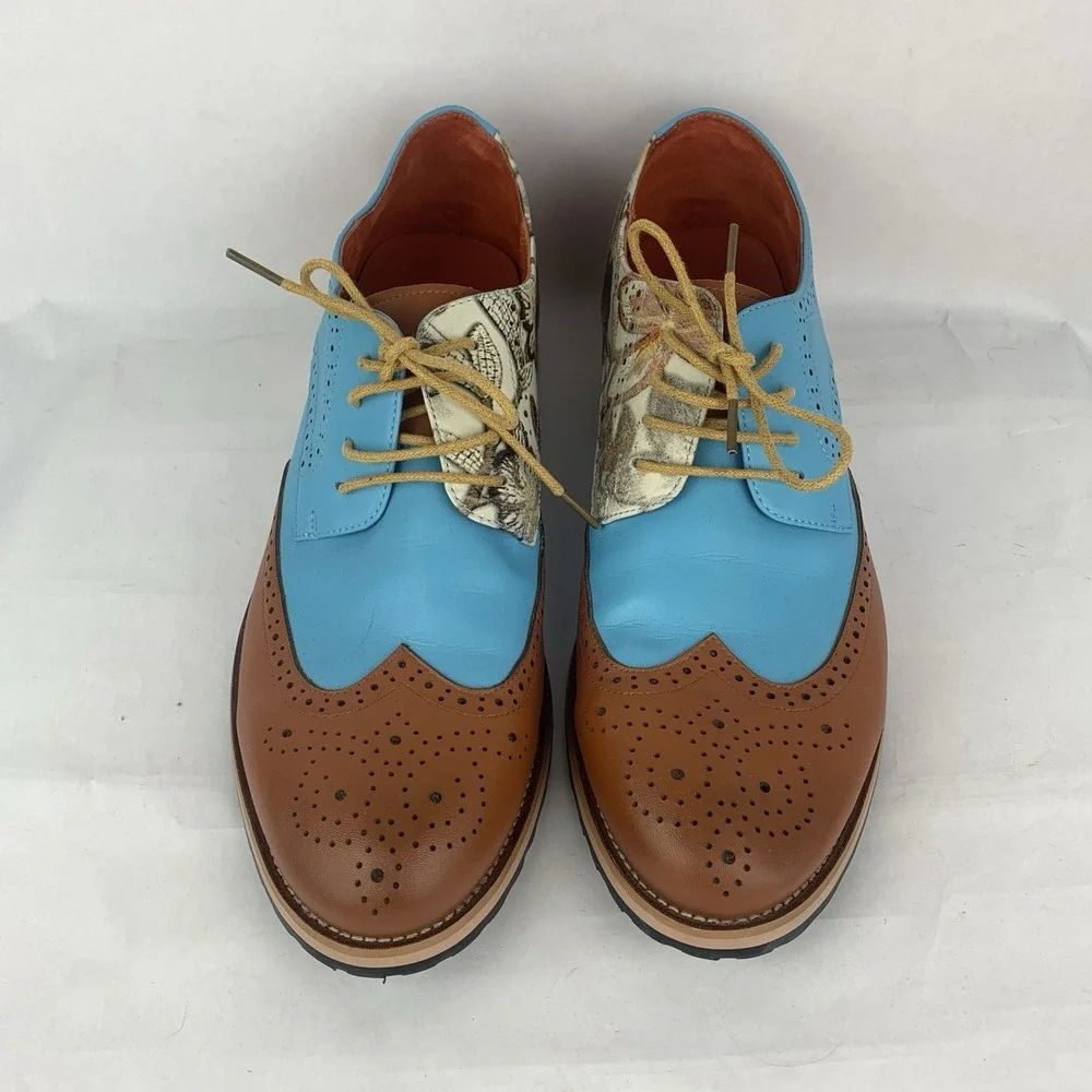 Men's Oxford Wingtip Leather Dress Shoes Baby Blue 2 Tone Floral Sz 10 US 43 EU